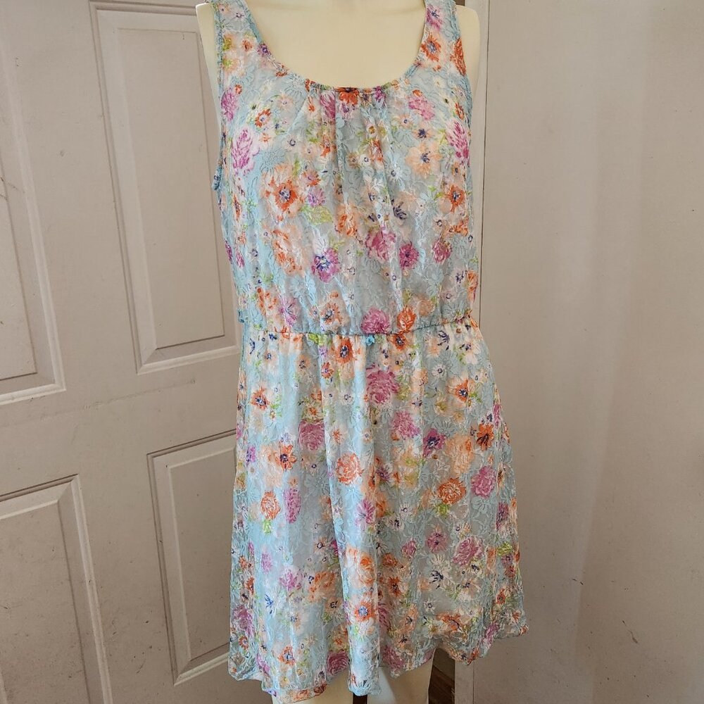 No Boundaries Midi Tunic Dress Lined Blue Lace Floral Print Slip-On Sz L (11-13) - Picture 12 of 12